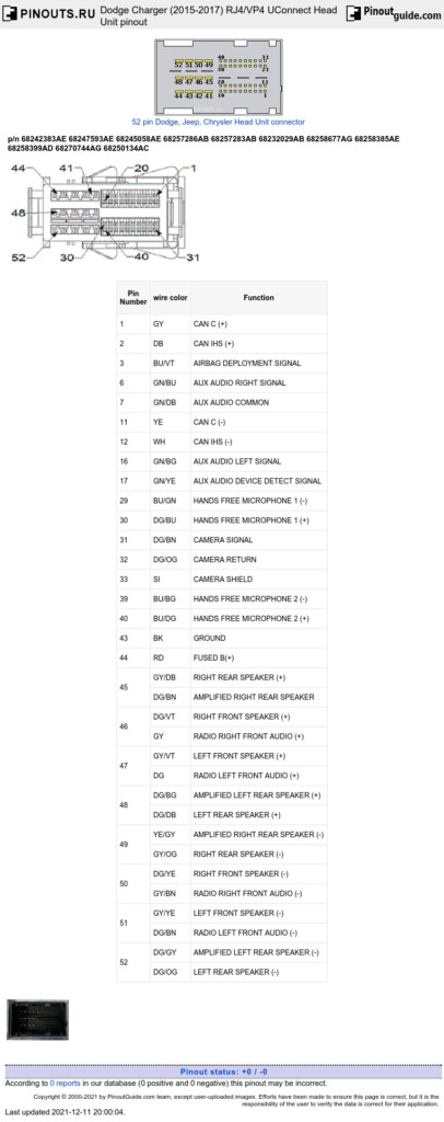 Dodge Charger 2015 2017 RJ4 VP4 UConnect Head Unit Pinout Diagram 